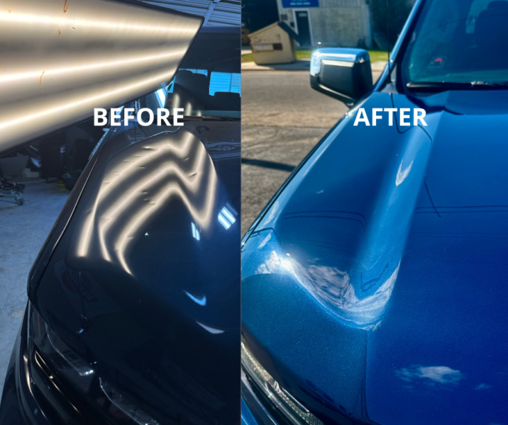 Before and after hail repair — Hood — Blue Metallic